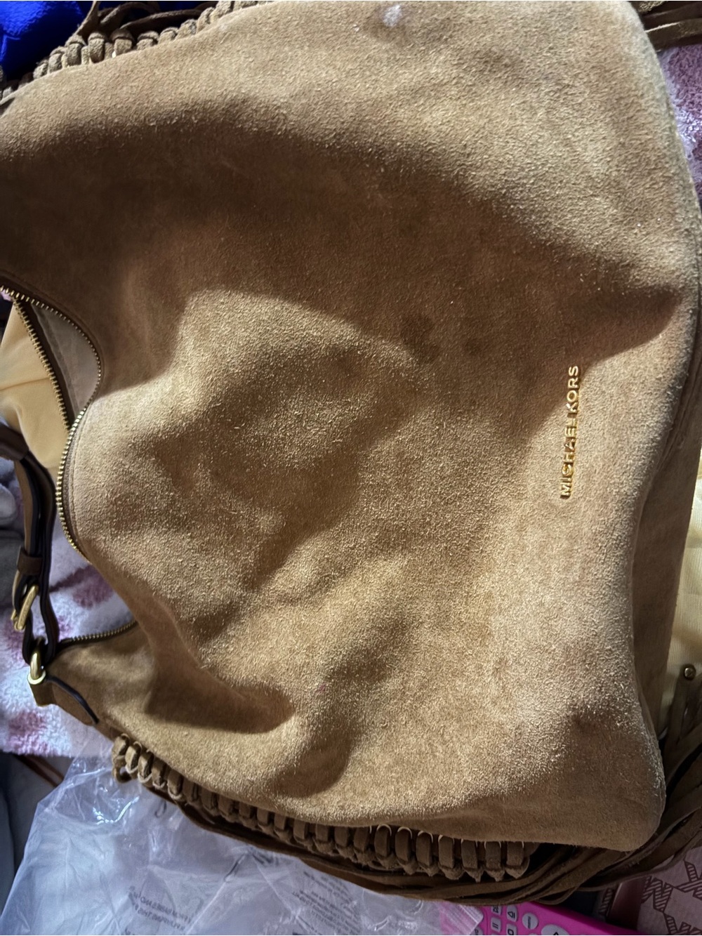 Michael Kors Brown Suede Hobo Bag with Gold Logo